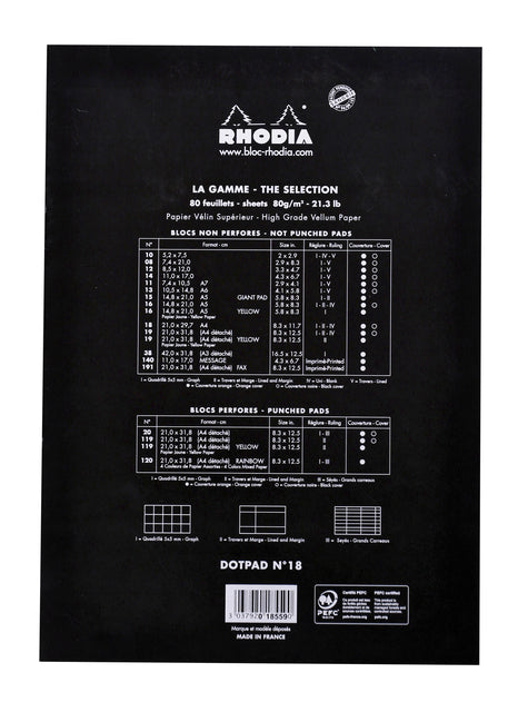 Schrijfblok Rhodia A4 80vel dots 90gr zwart