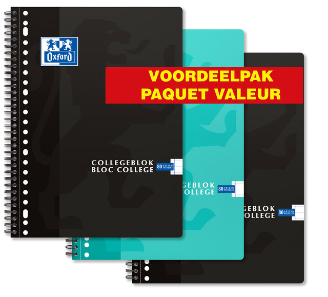 Collegeblok Oxford School A4+ 23-gaats lijn 80vel voordeelpak assorti