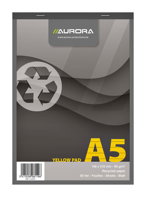 Schrijfblok Aurora A5 lijn 80vel 80gr geel (per 5 stuks)