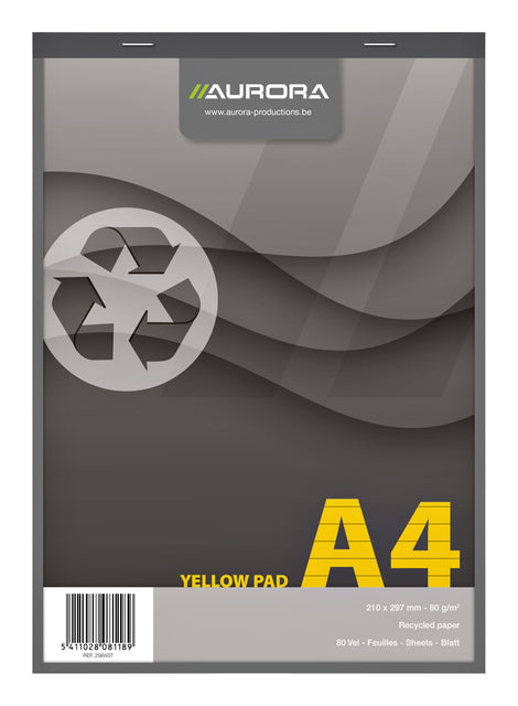 Schrijfblok Aurora A4 lijn 80vel 80gr 4-gaats geel (per 5 stuks)