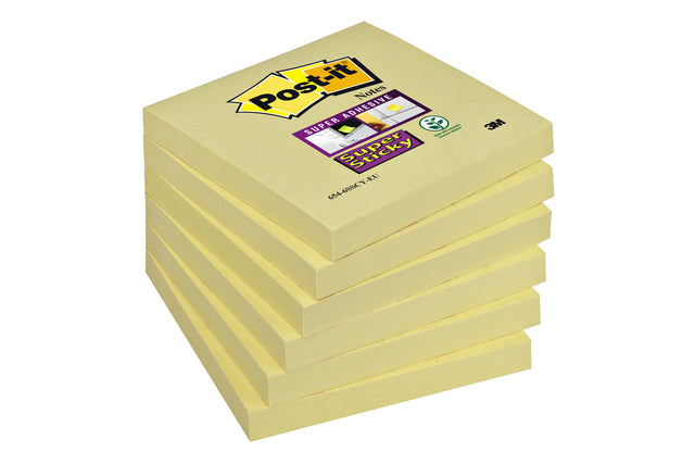 Memoblok 3M Post-it 654  Super Sticky 76x76mm geel (per 6 stuks)