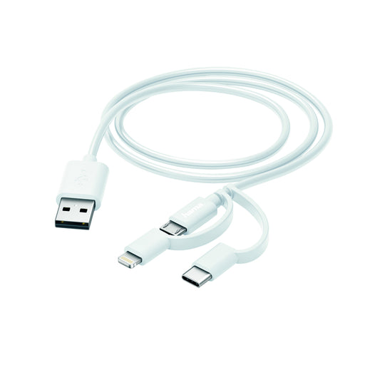 Kabel Hama USB-micro 3-in-1 met adapter naar USB-C en Lightning 1 meter wit
