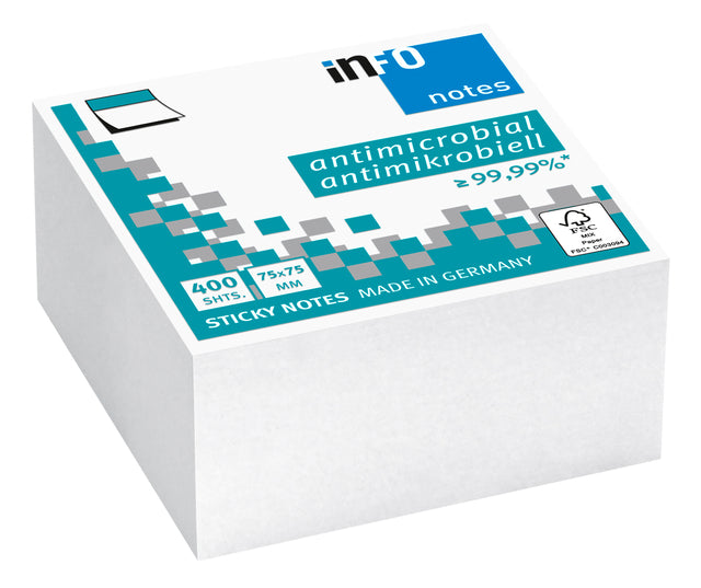 Memoblok Info Notes antimicrobiëel 75x75mm wit (per 12 stuks)