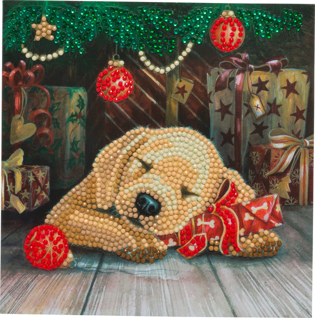 Diamondpainting Crystal Art Kaart Puppy's First Christmas 18x18cm