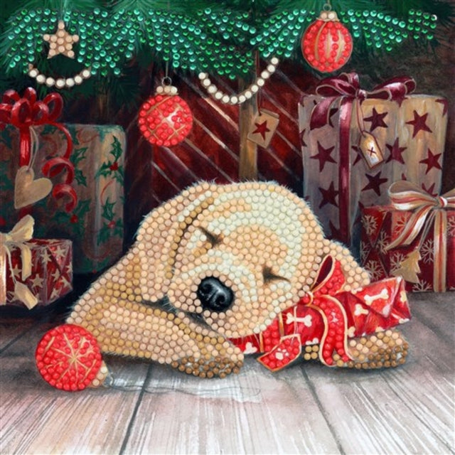 Diamondpainting Crystal Art Kaart Puppy's First Christmas 18x18cm