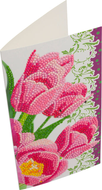 Diamondpainting Crystal Art Kaart Roze tulpen 11x22cm