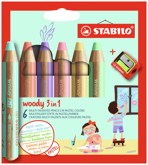 Kleurpotloden STABILO Woody 880/18 set à 6 pastelkleuren met puntenslijper