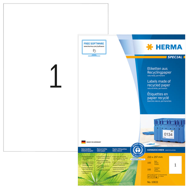 Etiket HERMA recycling 10833 210x297mm 100stuks wit
