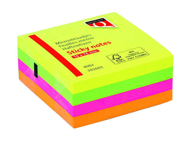 Memoblok Quantore 76x76mm neon kleuren assorti 4 kleuren