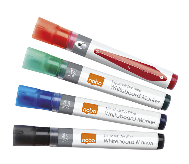 Viltstift Nobo whiteboard Liquid ink drymarker rond assorti 3mm 4st