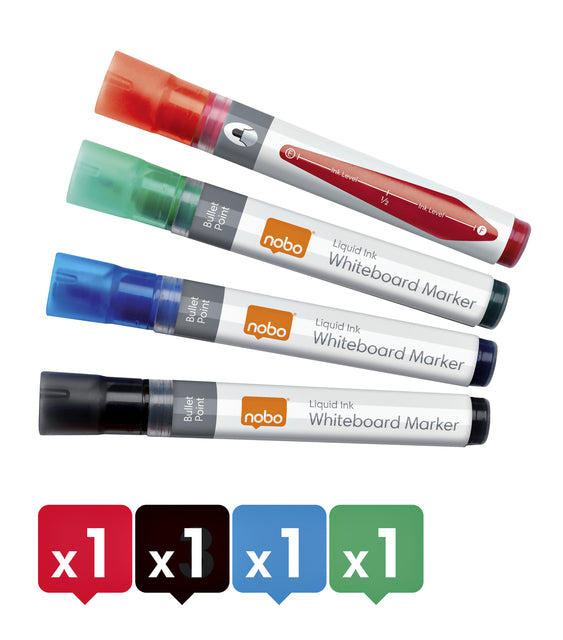 Viltstift Nobo whiteboard Liquid ink drymarker rond assorti 3mm 4st