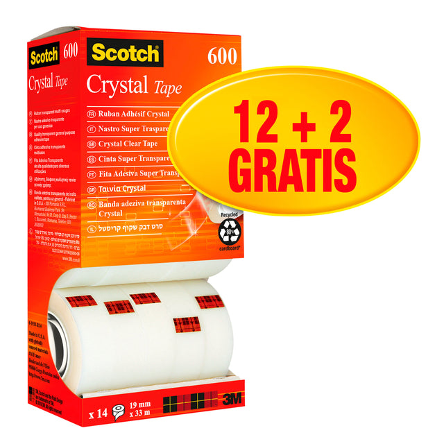 Plakband Scotch Crystal 600 19mmx33m transparant 12+2 gratis