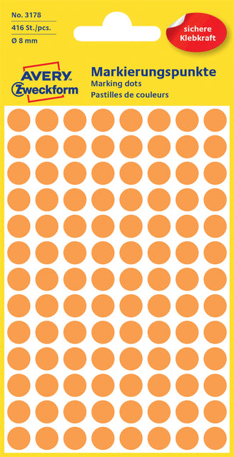 Etiket Avery Zweckform 3178 rond 8mm oranje 416stuks