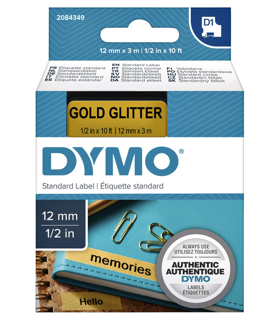 Labeltape Dymo 84349 D1 12mmx3m zwart op goudglitter