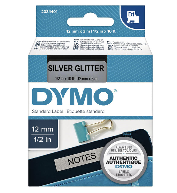 Labeltape Dymo 84401 D1 12mmx3m zwart op zilverglitter