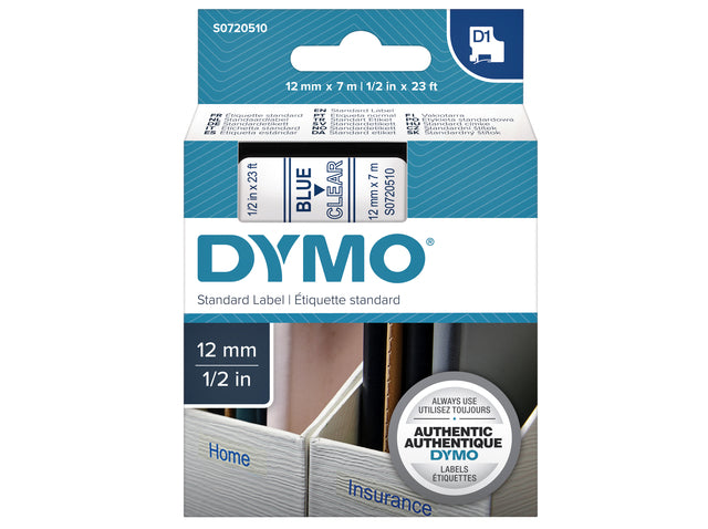 Labeltape Dymo 45011 D1 720510 12mmx7m blauw op transparant