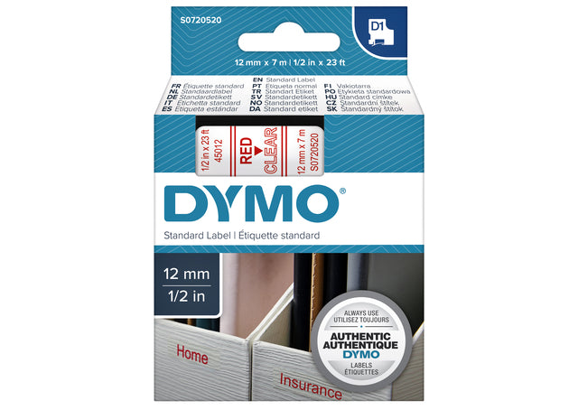 Labeltape Dymo 45012 D1 750520 12mmx7m rood op transparant