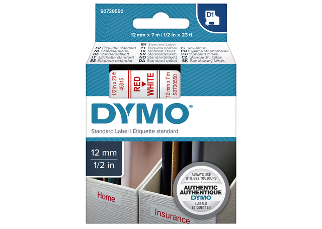 Labeltape Dymo 45015 D1 720550 12mmx7m rood op wit
