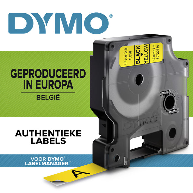 Labeltape Dymo 45018 D1 720580 12mmx7m zwart op geel