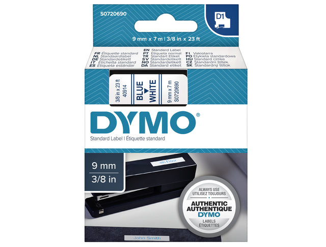 Labeltape Dymo 40914 D1 720690 9mmx7m Blauw op wit