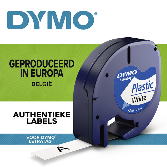 Labeltape Dymo Letratag 91201 plastic 12mm zwart op wit