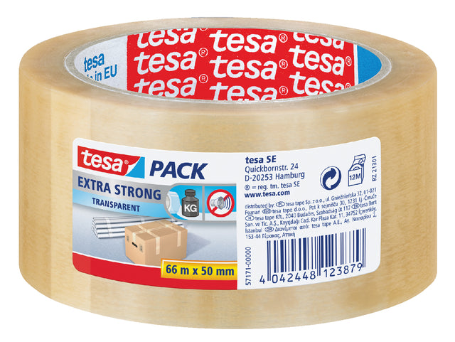 Verpakkingstape Tesa 50mmx66m transparant extra sterk PVC (per 6 stuks)
