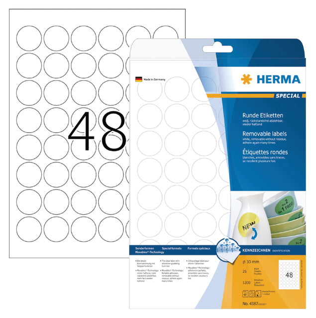 Etiket HERMA 4387 rond 30mm verwijderbaar wit 1200stuks