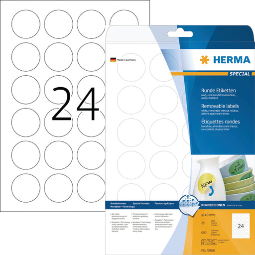 Etiket HERMA 5066 rond 40mm verwijderbaar wit 600stuks