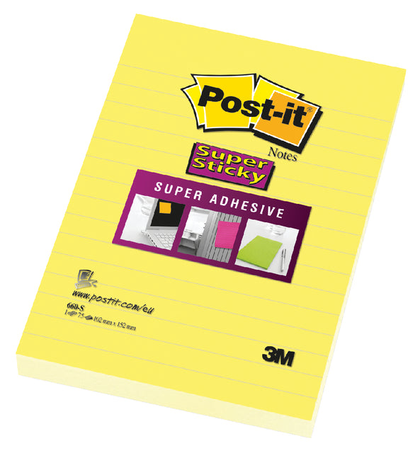 Memoblok 3M Post-it 660 Super Sticky 102x152 geel met lijn (per 6 stuks)