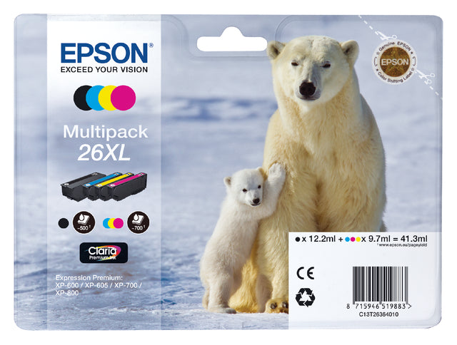 Inktcartridge Epson 26XL T2636 zwart + 3 kleuren HC