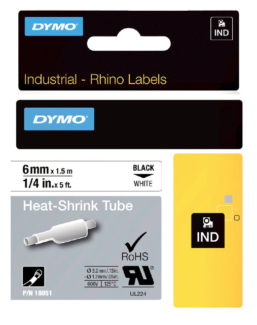 Labeltape Dymo Rhino 18051 krimpkous 6mmx1.5m zwart op wit
