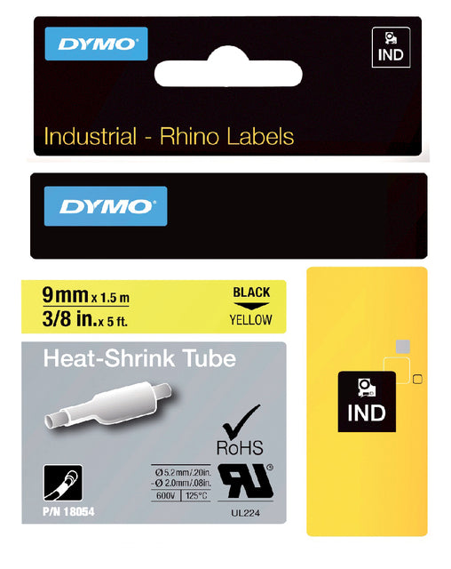 Labeltape Dymo Rhino 18054 krimpkous 9mmx1.5m zwart op geel