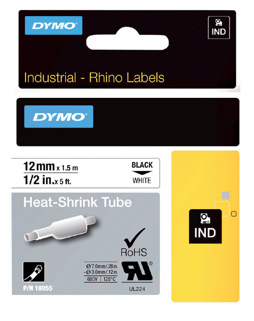Labeltape Dymo Rhino 18055 krimpkous 12mmx1.5m zwart op wit