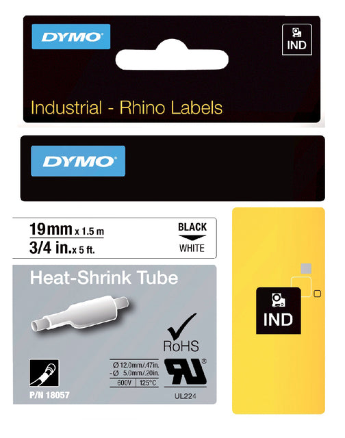 Labeltape Dymo Rhino 18057 krimpkous 19mmx1.5m zwart op wit