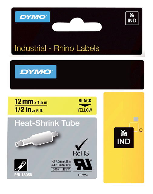Labeltape Dymo Rhino 18056 krimpkous 12mmx1.5m zwart op gl