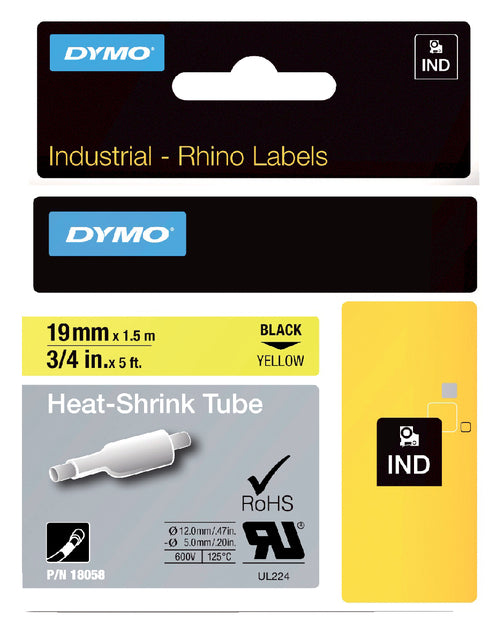 Labeltape Dymo Rhino 18058 krimpkous 19mmx1.5m zwart op gl