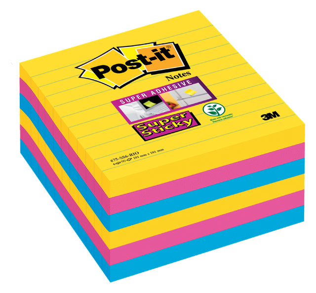 Memoblok 3M Post-it 675 Super Sticky 101x101mm lijn Rio