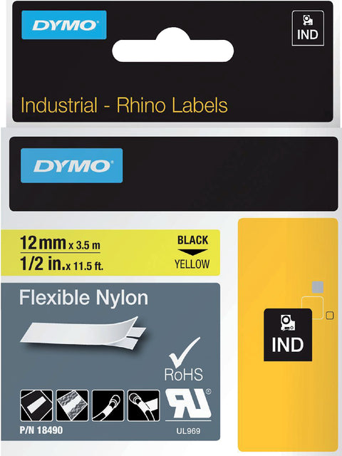Labeltape Dymo Rhino 18490 nylon 12mmx3.5m zwart op geel