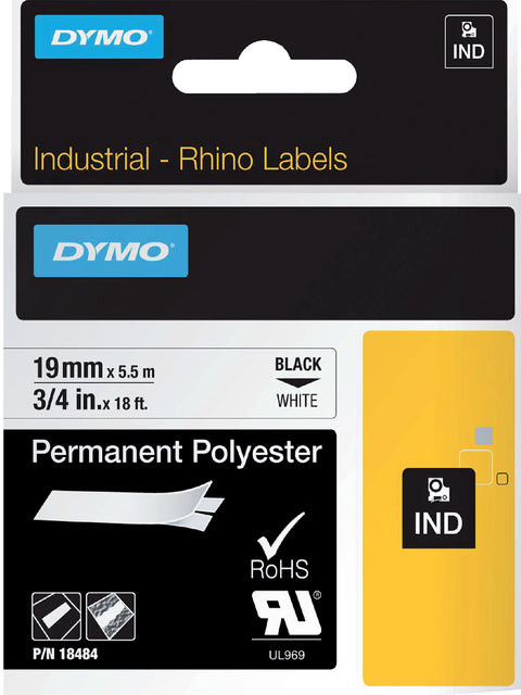 Labeltape Dymo Rhino 18484 polyester 19mmx5.5m zwart op wt