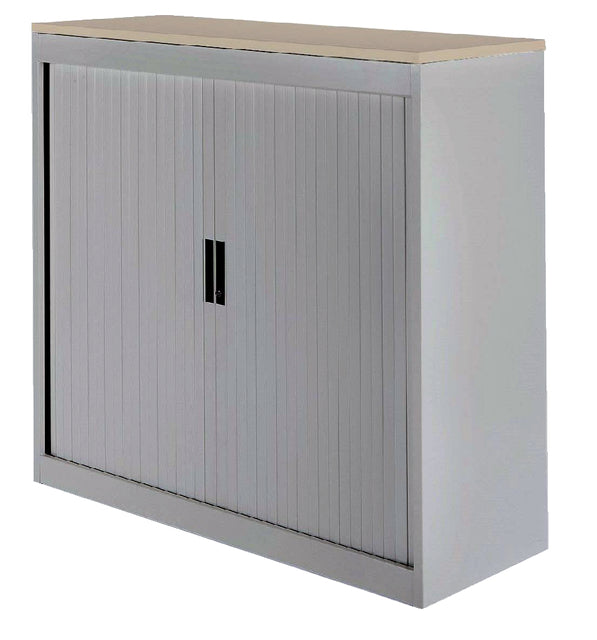 Roldeurkast 30H aluminiumlook met topblad eiken