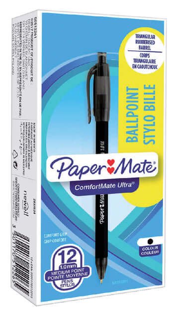 Balpen Paper Mate Comfortmate retractable zwart medium (per 12 stuks)