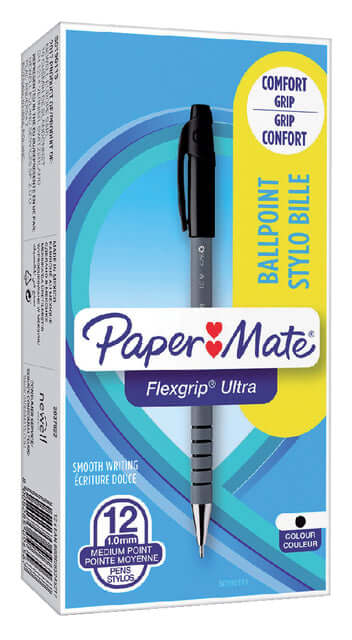 Balpen Paper Mate Flexgrip Stick zwart medium (per 12 stuks)