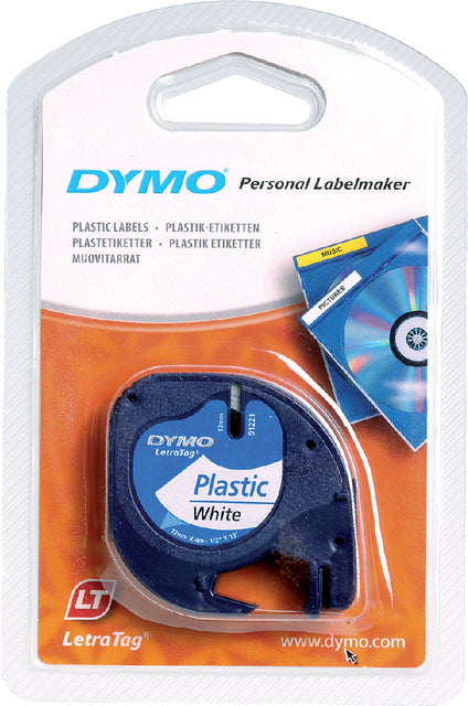 Labeltape Dymo Letratag 91201 plastic 12mm zwart op wit