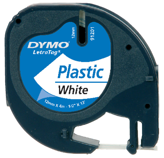 Labeltape Dymo Letratag 91201 plastic 12mm zwart op wit