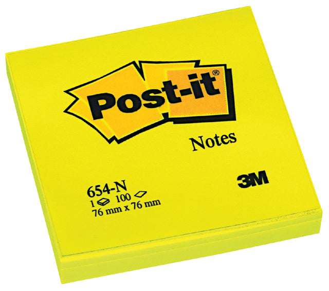 Memoblok 3M Post-it 654 76x76mm neon geel (per 6 stuks)